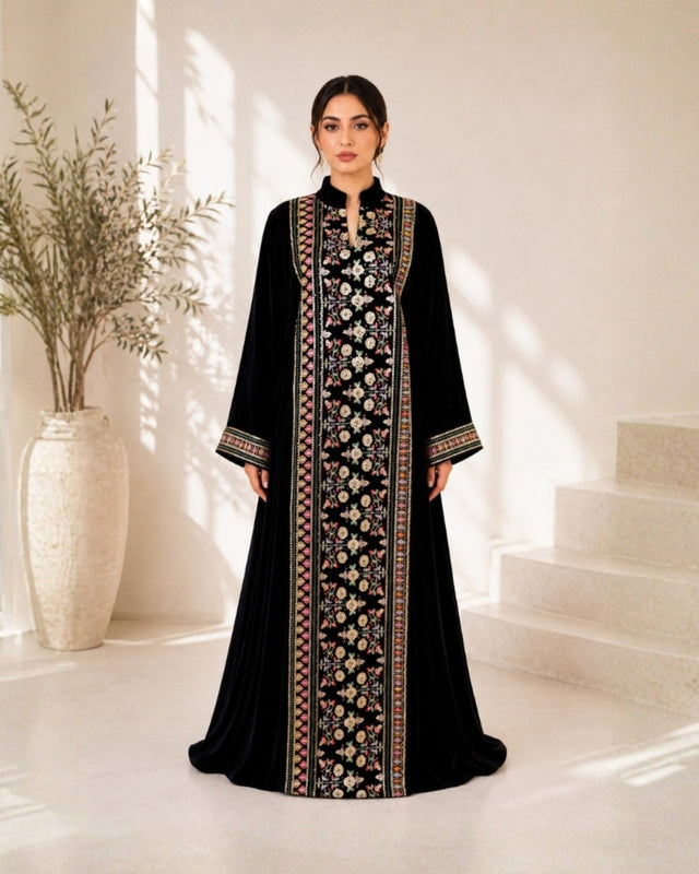 Black Velvet Jalabiya with Embroidered Front Panel and Cuffs