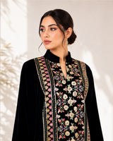 Black Velvet Jalabiya with Embroidered Front Panel and Cuffs