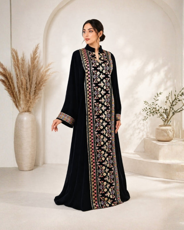 Black Velvet Jalabiya with Embroidered Front Panel and Cuffs
