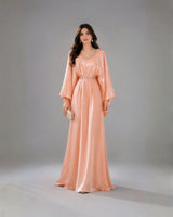 Peach Shimmering Crepe Butterfly Jalabiya with Stone Trimmed Neckline
