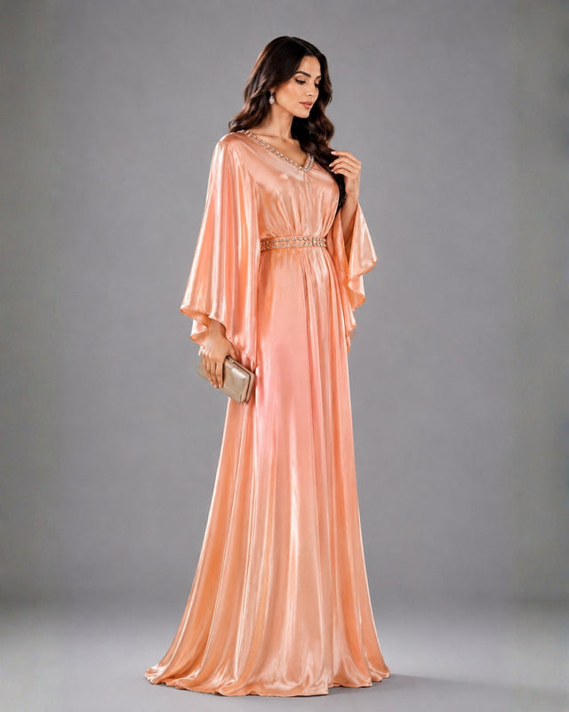 Peach Shimmering Crepe Butterfly Jalabiya with Stone Trimmed Neckline