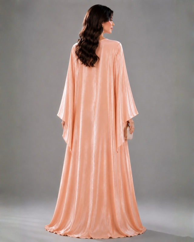 Peach Shimmering Crepe Butterfly Jalabiya with Stone Trimmed Neckline