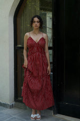 Model wearing the red striped Gigi Dress, full length front view