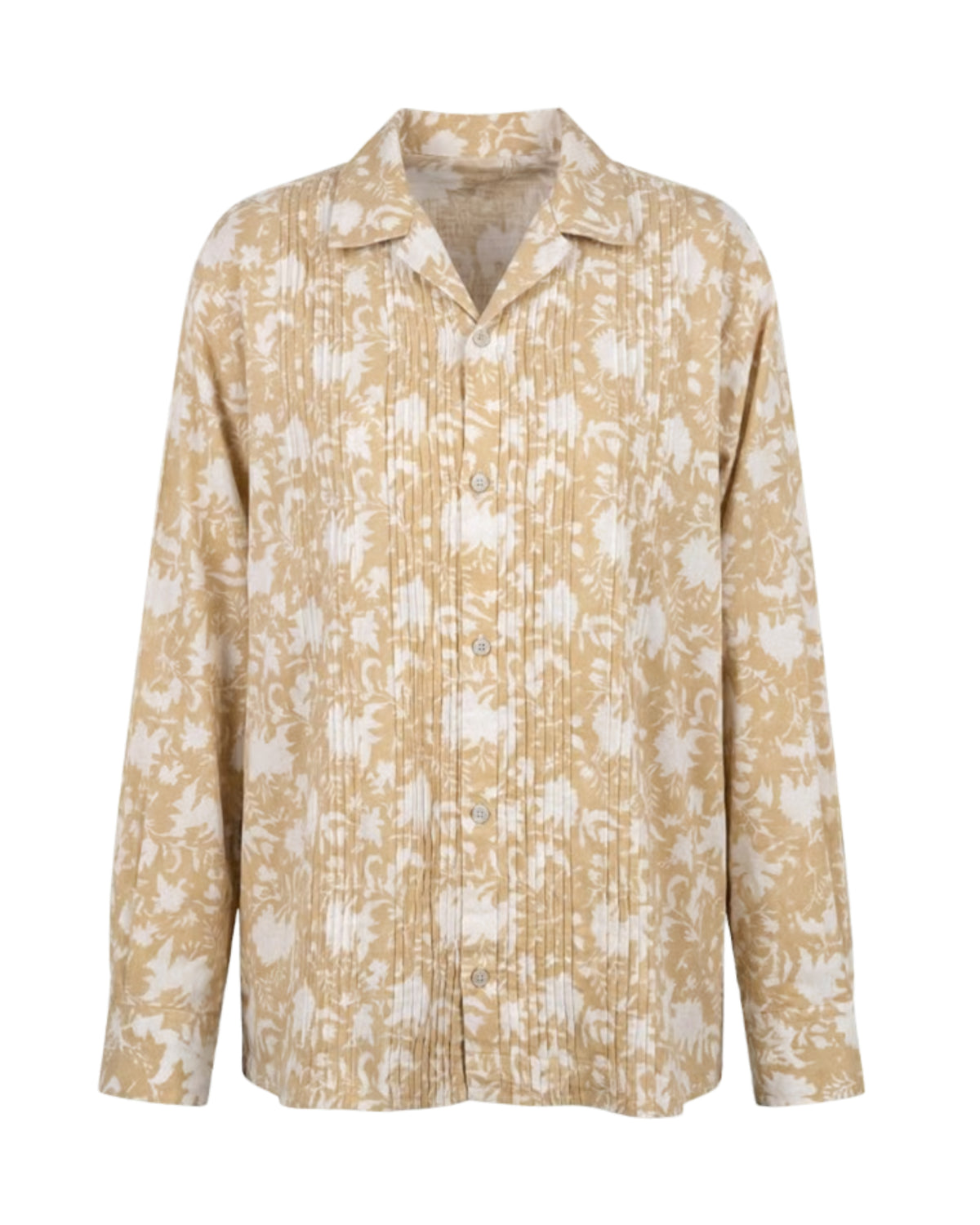 Kiro Cuban Collar Shirt Beige by MAGO with white floral print and pintuck front, front view