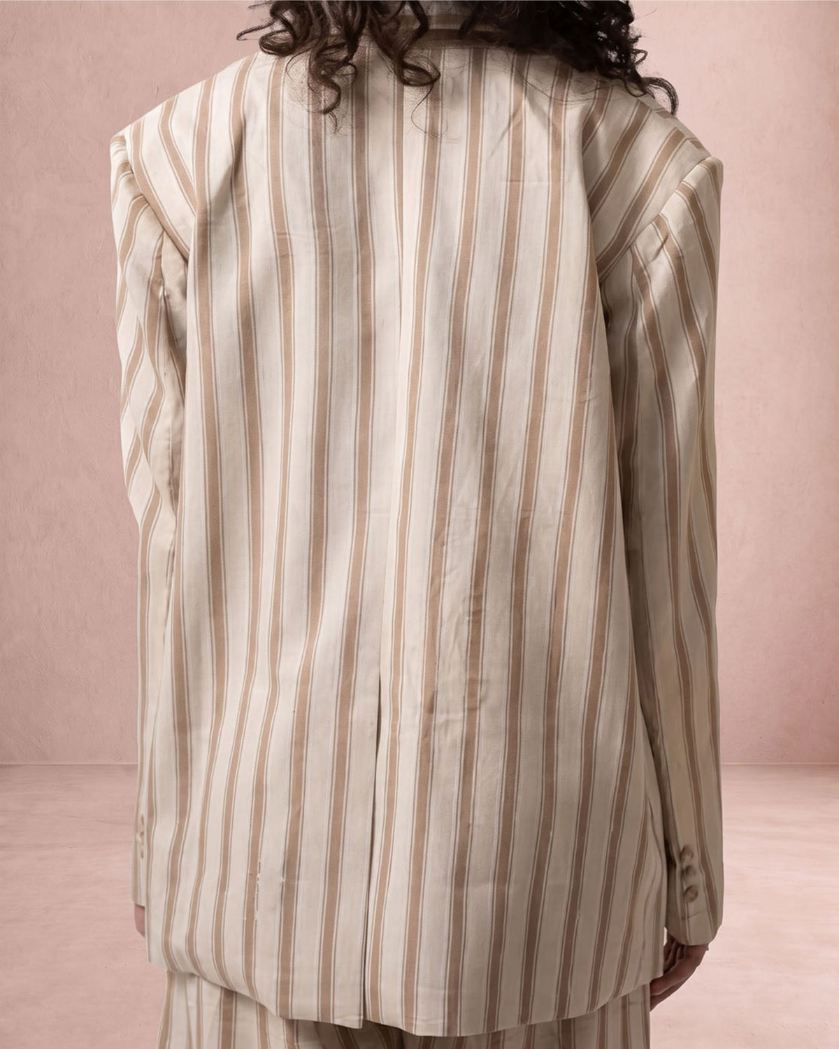 Beige striped Rekh Double-Buttoned Blazer with oversized shoulders, back view