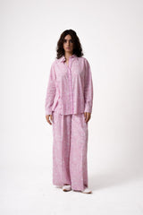 Pink Rooh Shirt Rose tucked into matching pants, full length front view