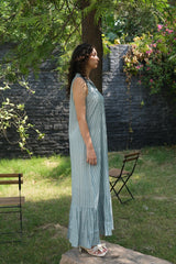 Blue grey striped Rumi Dress with button front, full length side view