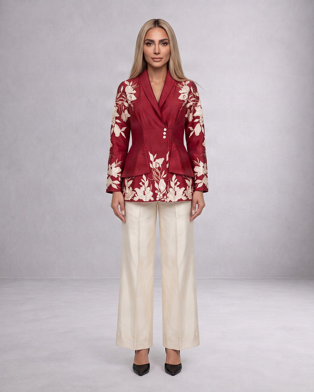 Vasco Floral Embroidered Chanderi Silk Flap Blazer and Pant Two-Piece Set