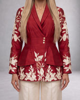 Vasco Floral Embroidered Chanderi Silk Flap Blazer and Pant Two-Piece Set