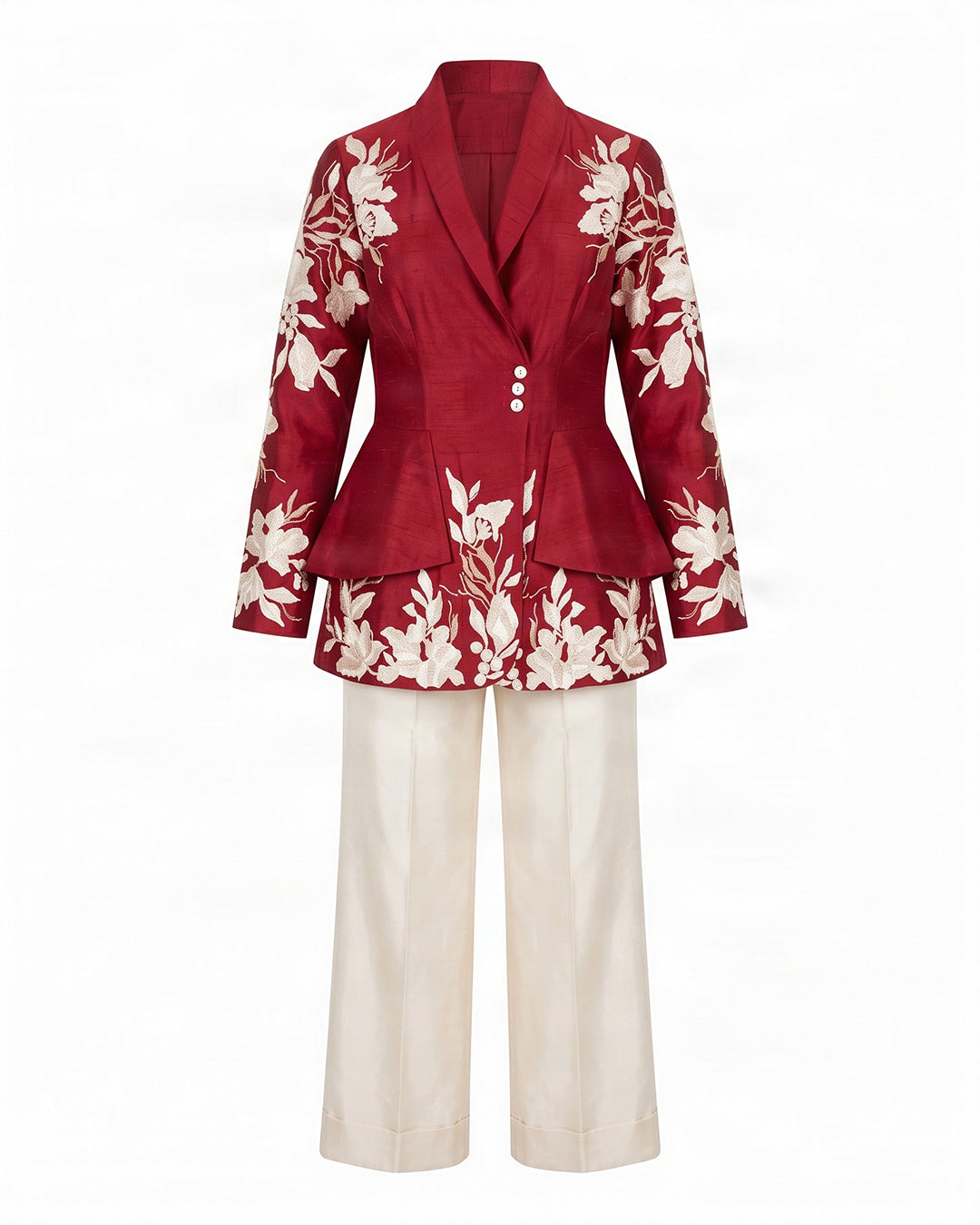 Vasco Floral Embroidered Chanderi Silk Flap Blazer and Pant Two-Piece Set