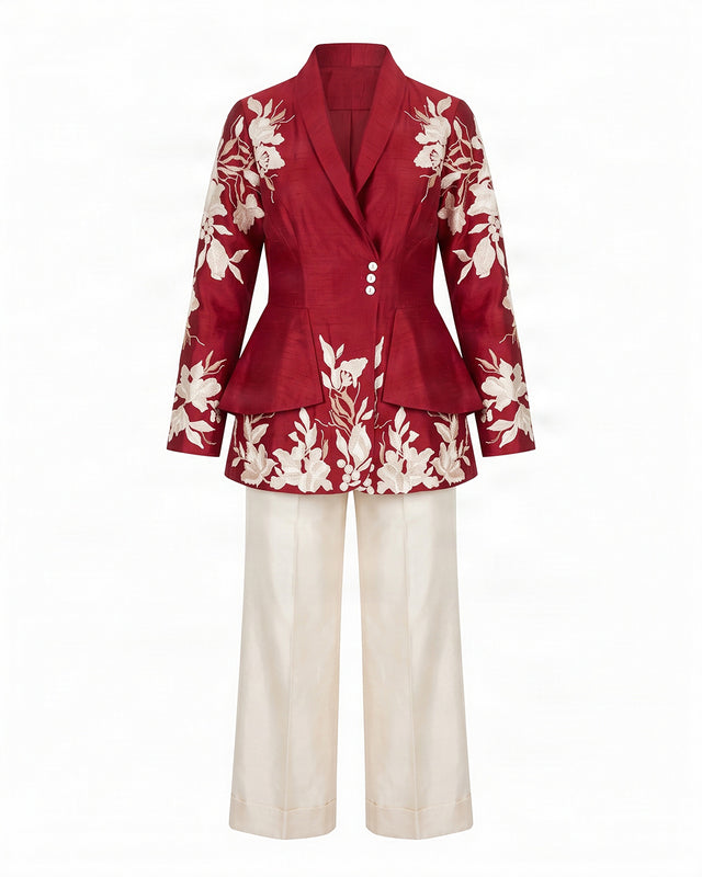Vasco Floral Embroidered Chanderi Silk Flap Blazer and Pant Two-Piece Set