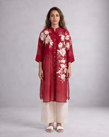 Yercad Red Embroidered Chanderi Silk Tunic and Pants Two-Piece Set