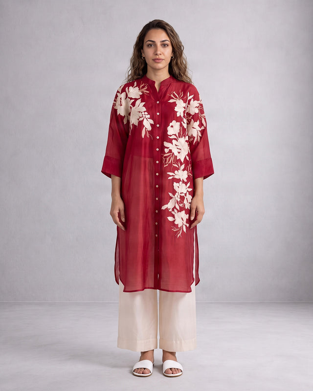 Yercad Red Embroidered Chanderi Silk Tunic and Pants Two-Piece Set