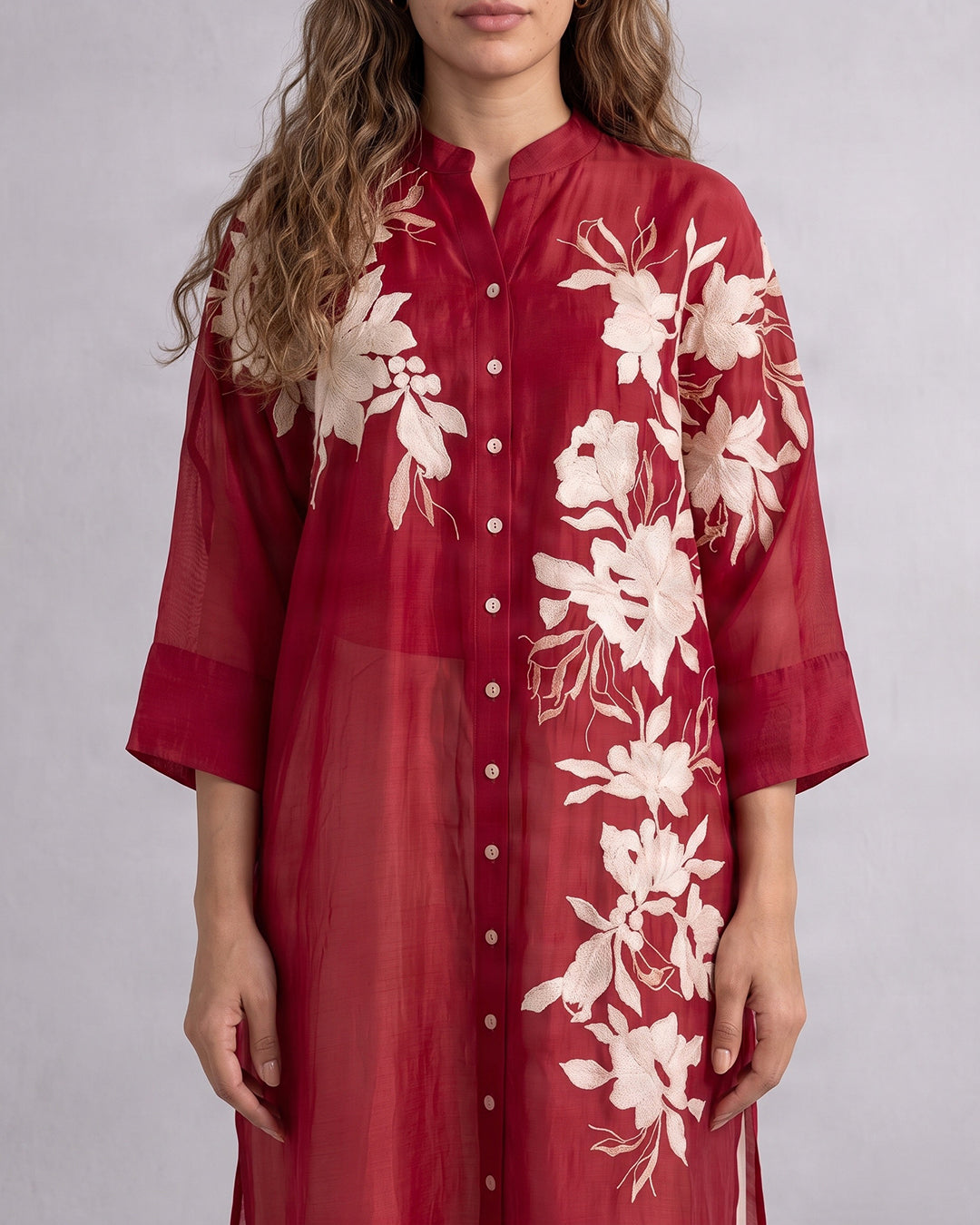 Yercad Red Embroidered Chanderi Silk Tunic and Pants Two-Piece Set