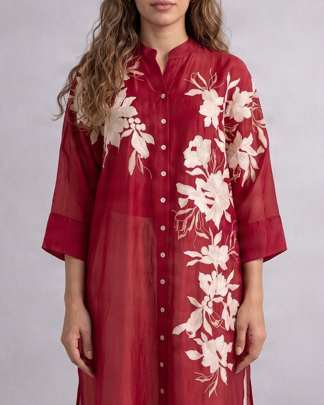 Yercad Red Embroidered Chanderi Silk Tunic and Pants Two-Piece Set
