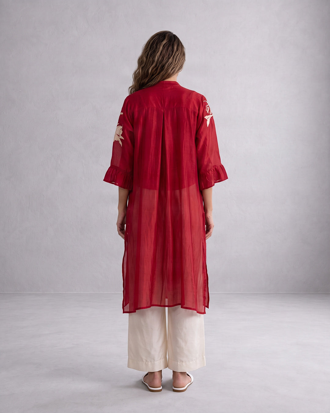 Yercad Red Embroidered Chanderi Silk Tunic and Pants Two-Piece Set