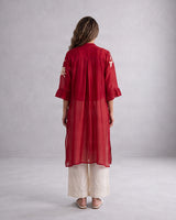 Yercad Red Embroidered Chanderi Silk Tunic and Pants Two-Piece Set