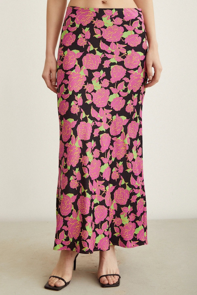 Satin Flared Skirt - Floral