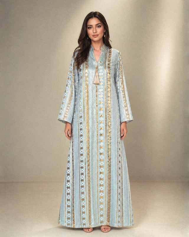 Gold Embroidered Striped Linen Jalabiya with Tassel Neckline