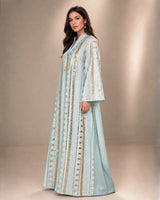 Gold Embroidered Striped Linen Jalabiya with Tassel Neckline
