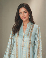 Gold Embroidered Striped Linen Jalabiya with Tassel Neckline