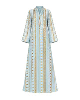 Gold Embroidered Striped Linen Jalabiya with Tassel Neckline