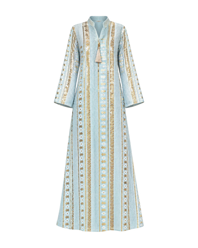Gold Embroidered Striped Linen Jalabiya with Tassel Neckline