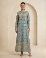 Geometric Gold Embroidered Linen Jalabiya with Keyhole Tassel Neck