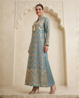 Geometric Gold Embroidered Linen Jalabiya with Keyhole Tassel Neck