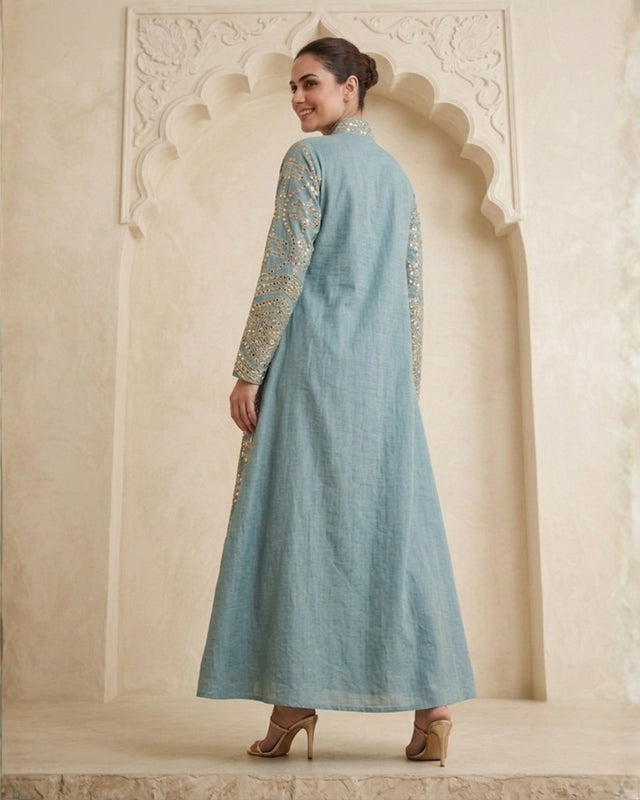 Geometric Gold Embroidered Linen Jalabiya with Keyhole Tassel Neck