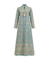 Geometric Gold Embroidered Linen Jalabiya with Keyhole Tassel Neck
