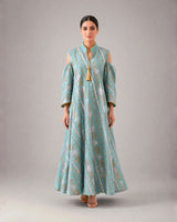 Embroidered A-Line Linen Jalabiya with Shoulder Cutouts and Tassel