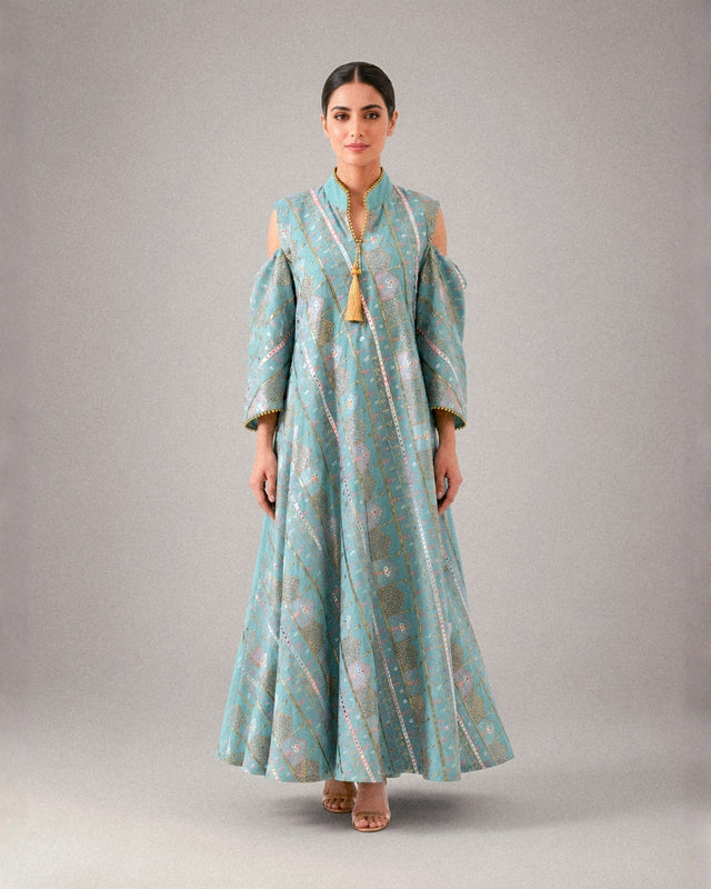 Embroidered A-Line Linen Jalabiya with Shoulder Cutouts and Tassel