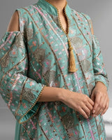 Embroidered A-Line Linen Jalabiya with Shoulder Cutouts and Tassel