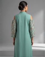 Embroidered A-Line Linen Jalabiya with Shoulder Cutouts and Tassel