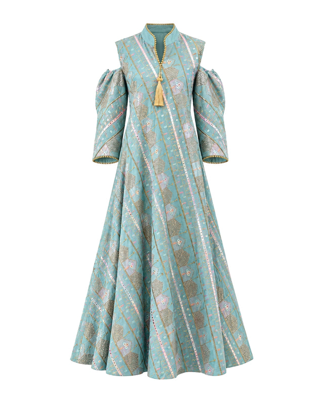 Embroidered A-Line Linen Jalabiya with Shoulder Cutouts and Tassel