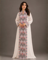 Diamond Embroidered Linen Jalabiya with Split Neckline