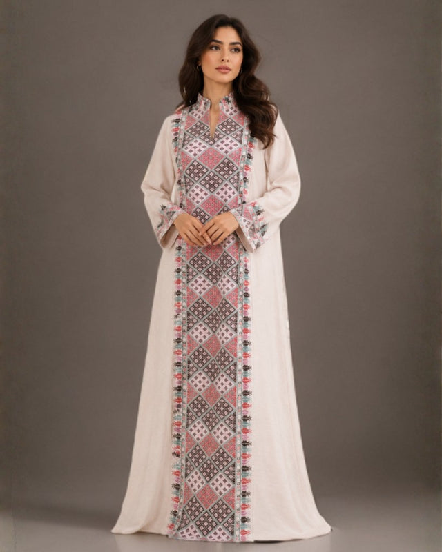 Diamond Embroidered Linen Jalabiya with Split Neckline