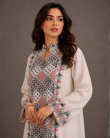 Diamond Embroidered Linen Jalabiya with Split Neckline