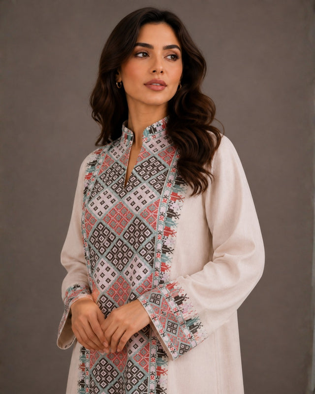 Diamond Embroidered Linen Jalabiya with Split Neckline