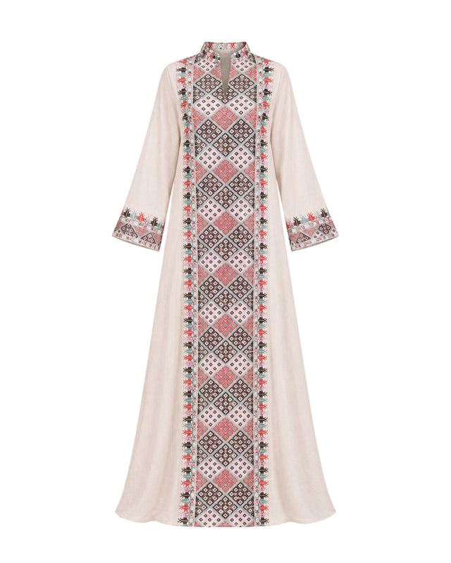 Diamond Embroidered Linen Jalabiya with Split Neckline