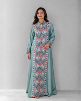Diamond Embroidered Linen Jalabiya with Split Neckline