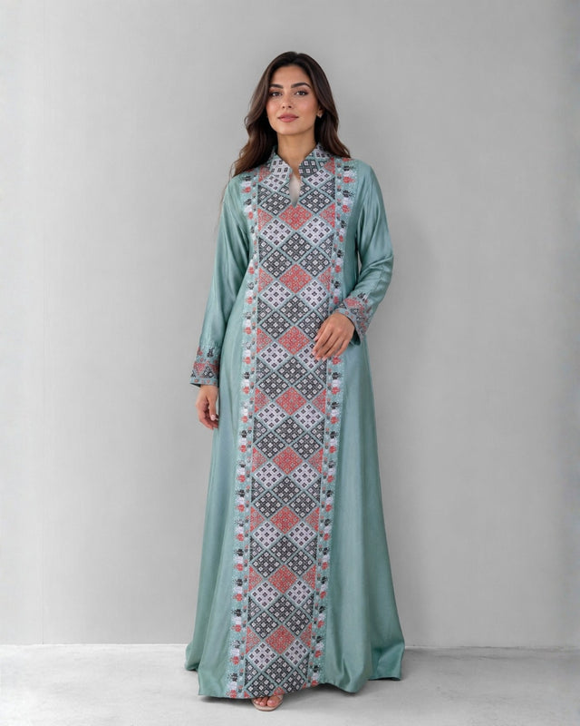 Diamond Embroidered Linen Jalabiya with Split Neckline