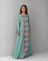 Diamond Embroidered Linen Jalabiya with Split Neckline