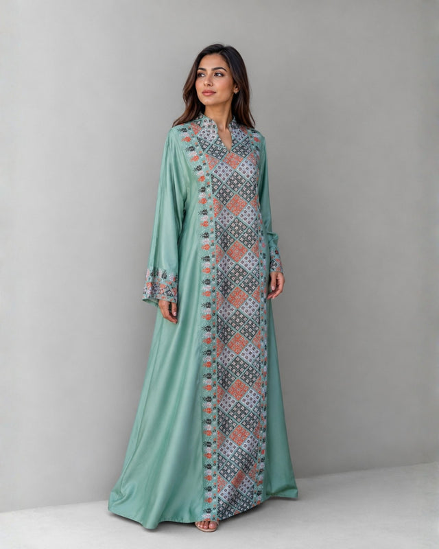 Diamond Embroidered Linen Jalabiya with Split Neckline