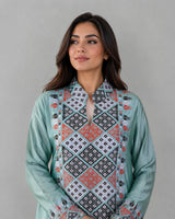 Diamond Embroidered Linen Jalabiya with Split Neckline