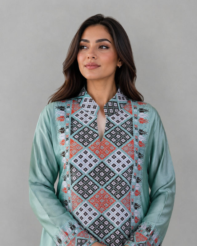 Diamond Embroidered Linen Jalabiya with Split Neckline