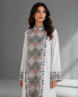 Diamond Embroidered Linen Jalabiya with Split Neckline