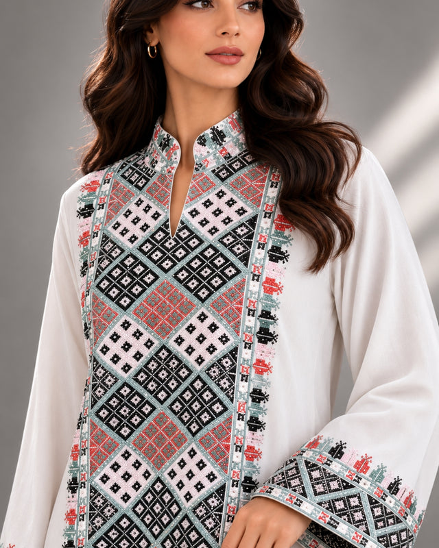 Diamond Embroidered Linen Jalabiya with Split Neckline