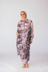 Huruf Mauve Grey Leaf Print Chiffon Swimwear Kimono